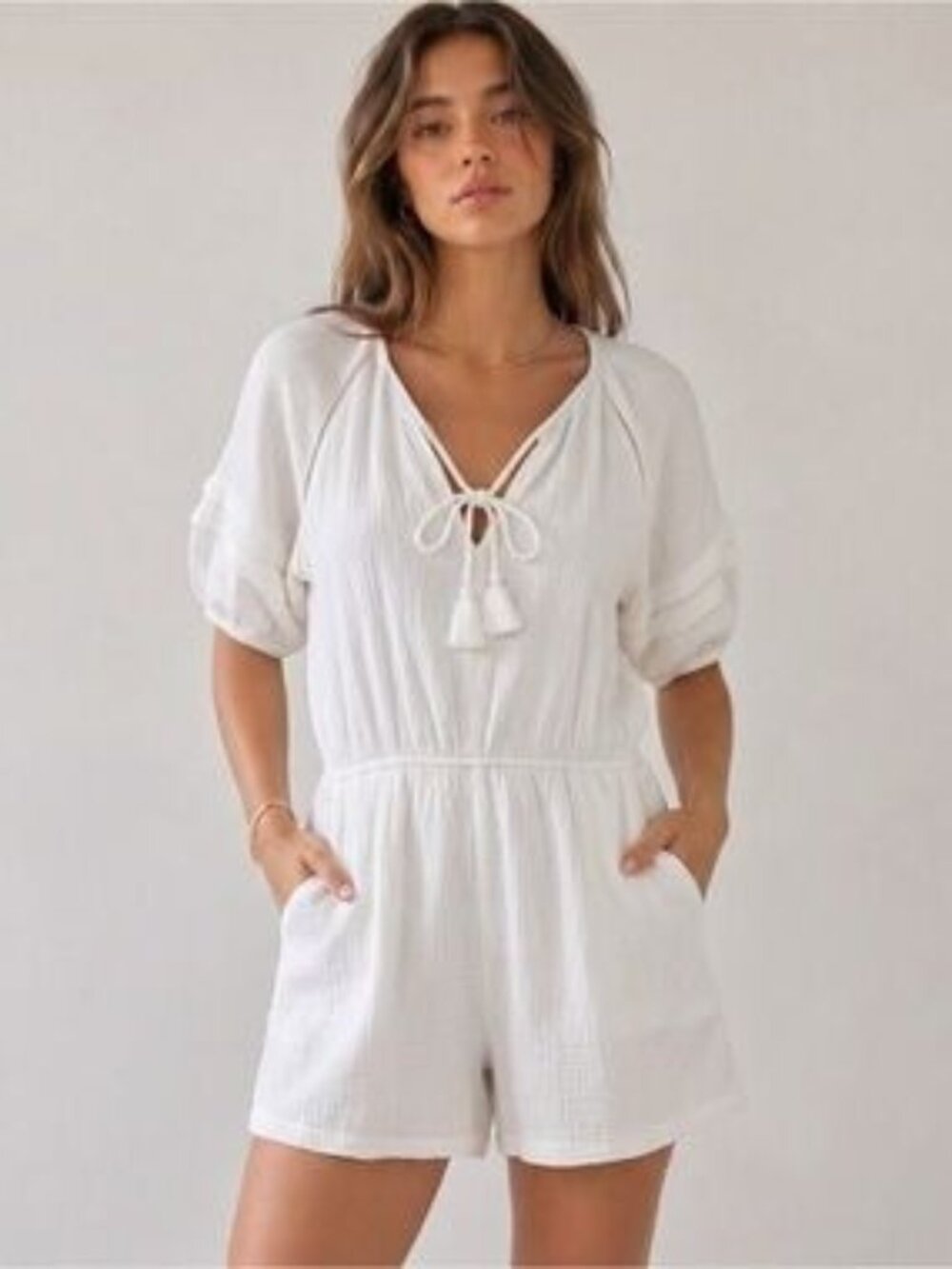 Knox Rose Puff Sleeve Gauze White Boho Cotton Romper Women Size L